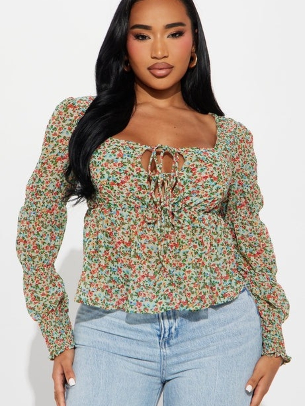 Fashion Nova Green Floral Tie-Front Peasant Blouse